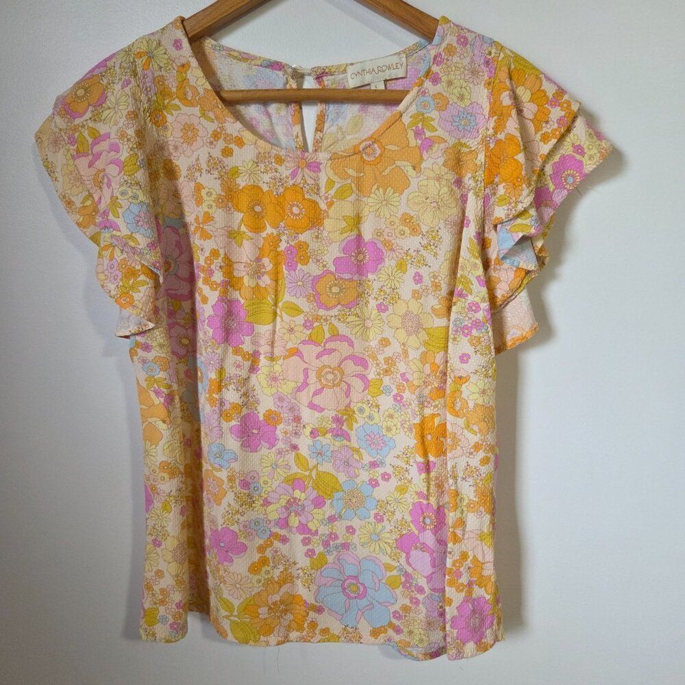 EUC CYNTHIA ROWLEY FLORAL FLUTTER SLEEVES TOP SIZE LARGE